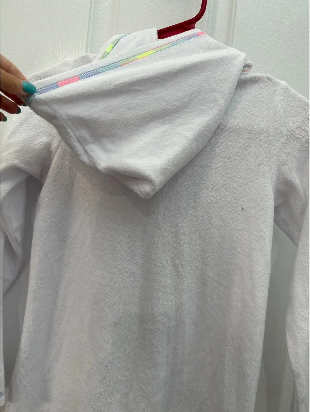 Girls White Hooded Terry Cloth Zip-Up Dress with Rainbow Stitching, Size 7/8